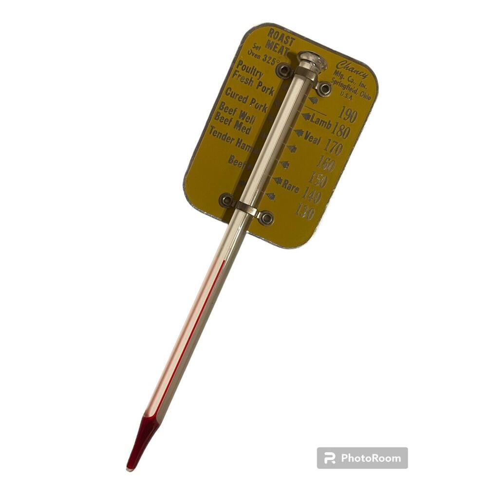 Vintage 1950s Chaney Roast Meat Thermometer Glass & Yellow Metal Great Condition